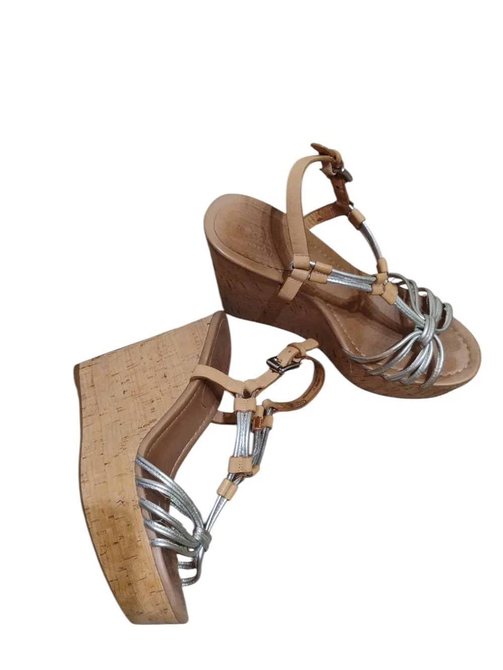 Coach Georgina Wedge Sandals with Cork Platform - Silver & Tan Size 6.5